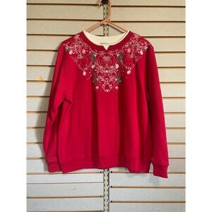 Shenanigans Womens Red Christmas Holiday‎ Embroidered Sweatshirt Large